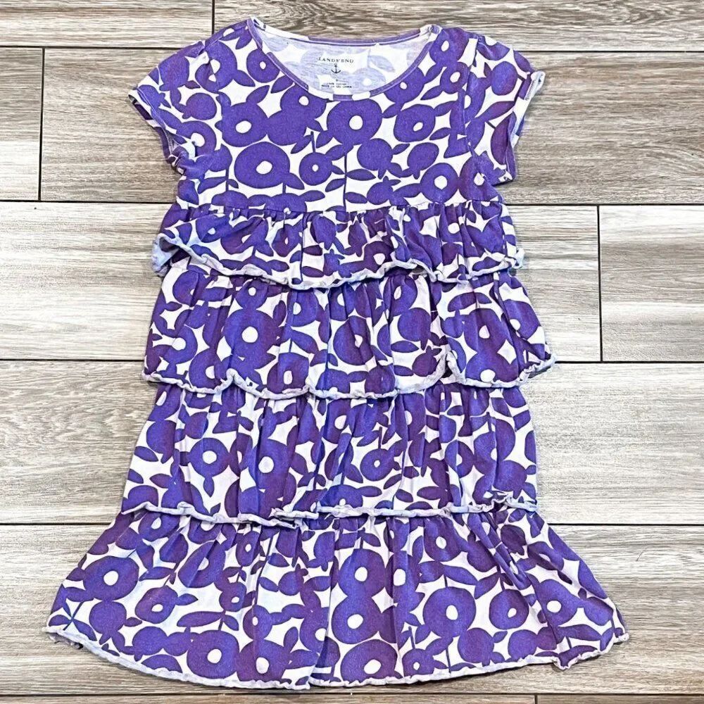 Lands End Purple Floral Ruffle Tiered Dress Size 6